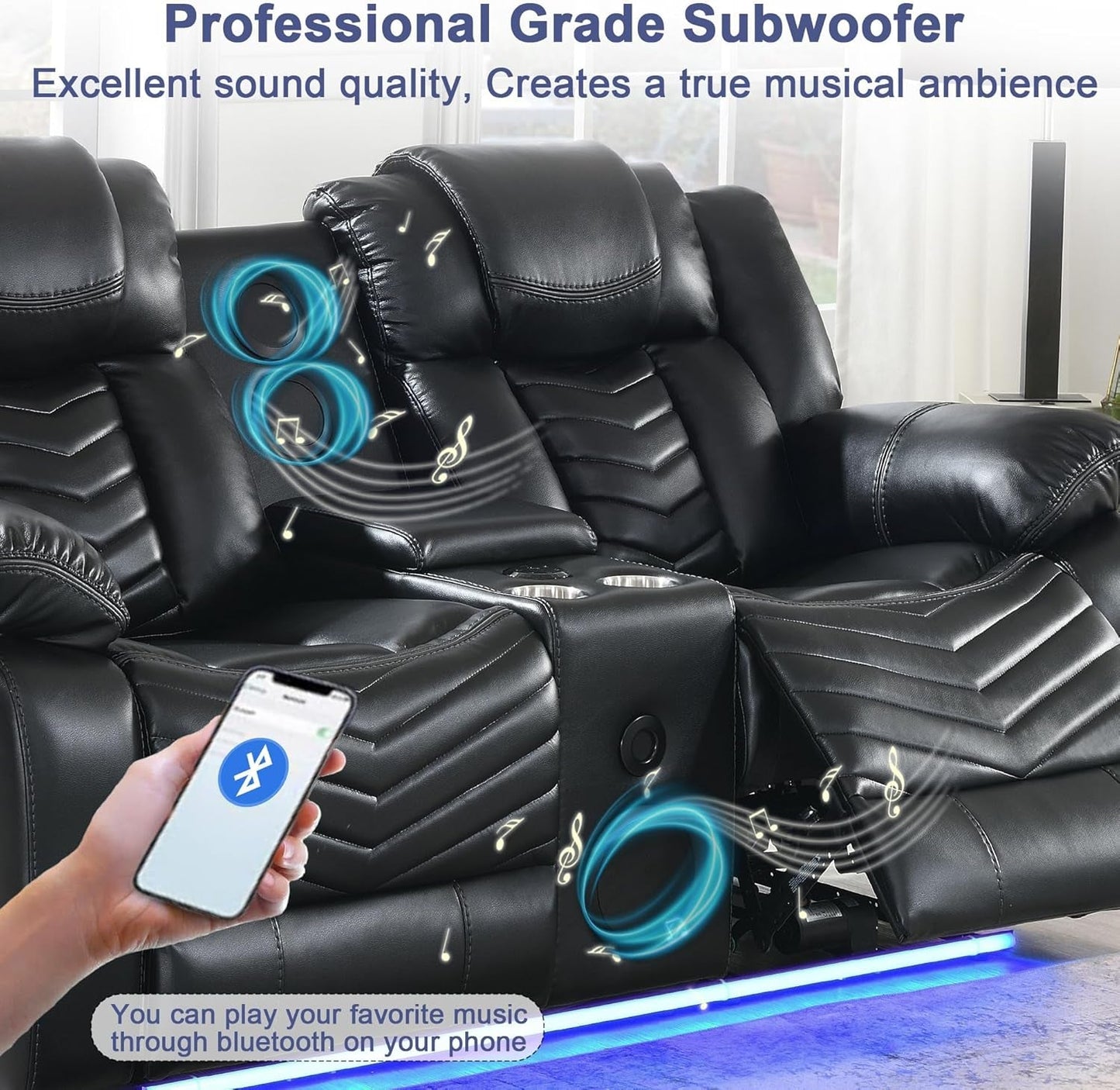 Power Reclining Sofa Set with LED Light,0 Gravity Air Leather Recliner Sofa Set with Bluetooth Speaker,Wireless Charger,Storage Console,Usb Ports,Cup Holders for Living Room/Office(2Pcs,Black)-2