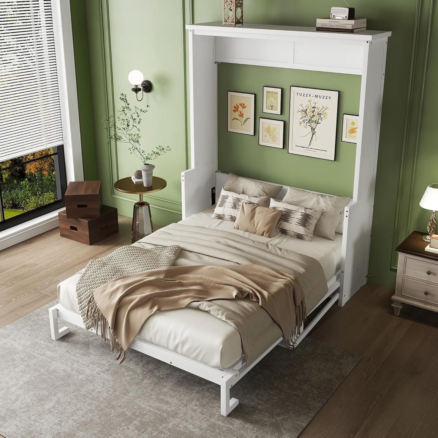 Queen Size Murphy Bed with Storage Shelf White-3