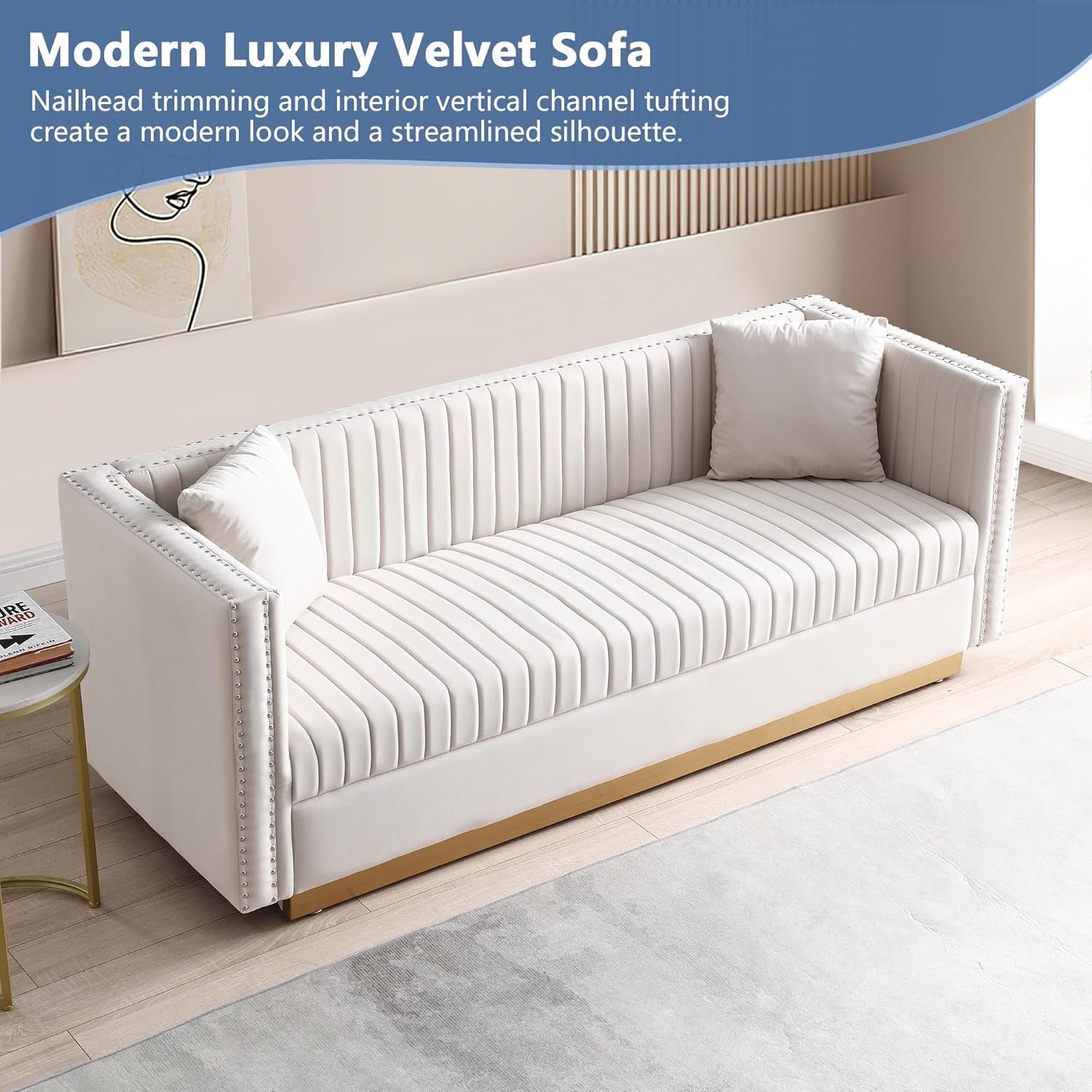 Luxury Velvet Sofa Set for Living Room, Modern Decor Furniture Channel Sofa Couch and Loveseat with Nailhead Gold Metal Legs and 4 Pillows for Bedroom, Hall, Beige-4