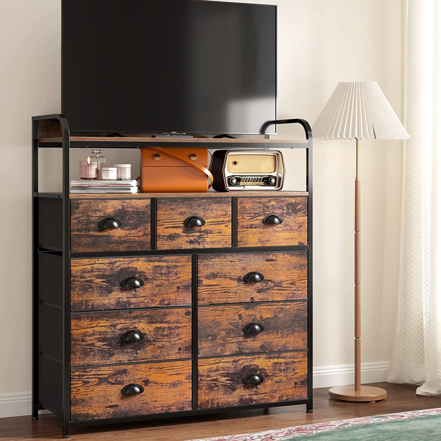 Rustic Brown 9-Drawer Fabric Tall Bedroom Chest-0