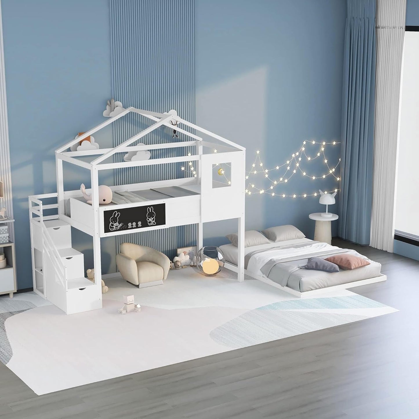 Twin over Full House Bunk Bed with Storage Staircase & Blackboard, Wood Kids Bunk Bed with Roof and Safety Guardrails, Playhouse Bunk Beds for Kids, Teens, Adults, No Box Spring Required, White-3