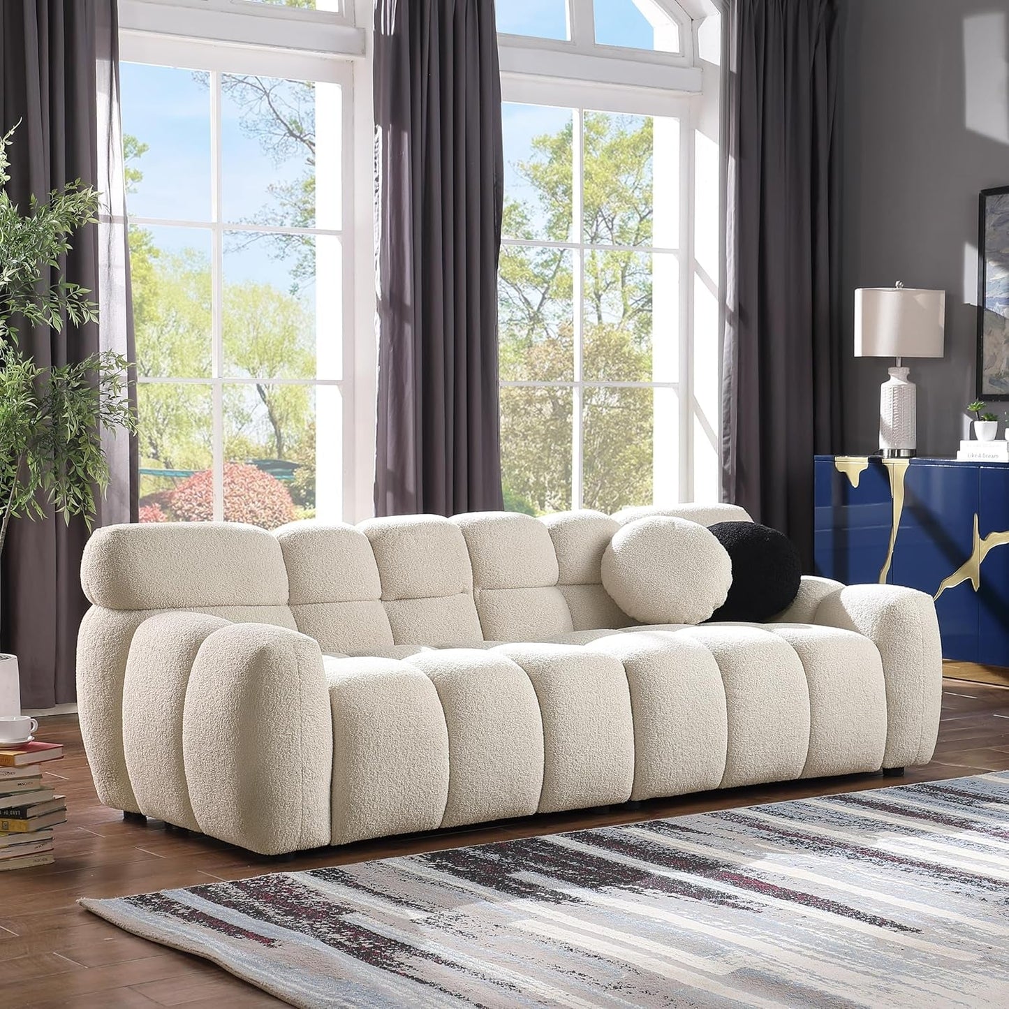 3 Seater Teddy Fleece Boucle Upholstered Loveseat Sofa Clouch Couch, Minimalist Style Marshmallow Deep-Seat Cloud Modular Couch with Thicked Cushions and Decor Pillows for Living Room, Bedroom-2