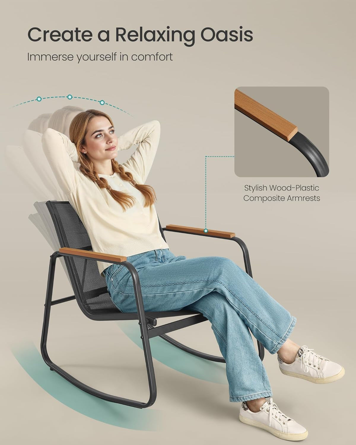 3-Piece Patio Furniture Set, Garden Coversation Set, 2 Rocking Chairs, Table, Outdoor Lawn Backyard, Steel, with Armrests, Breathable Synthetic Fabric, Ink Black UGGF0027B01-2