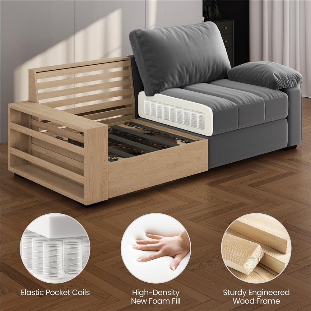 79" Velvet Couch, Comfy Sofa with Pocket Coils, Deep Seat, Storage Pockets and USB Ports, 2 Seater Modern Loveseat Sofas with Removable Cover, Pillow Top Arms for Living Room Apartment Gray-4