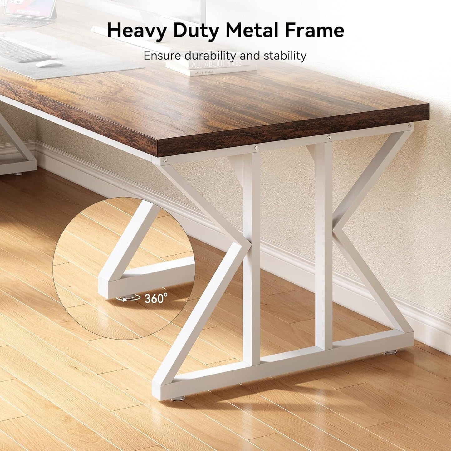 78.7 Inch Large Executive Desk, Modern Computer Office Desk, Wooden Writing Desk Study Table for Home Office, Rustic Brown-White-3