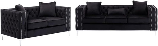 Lorreto Black Velvet Fabric Sofa Loveseat Living Room Set-0