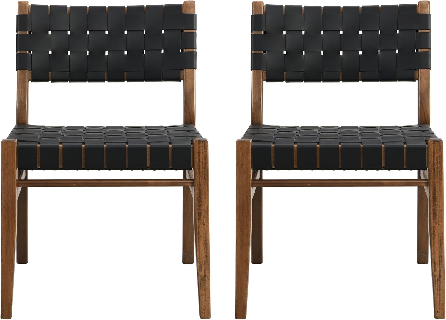 Set of 2 Indoor Rubberwood Frame Armless Dining Chairs, Seating and Backrest with Rope Weave by Pu/Faux Leather, for Dining Room Kitchen, Restaurant, Party, Walnut and Black-2