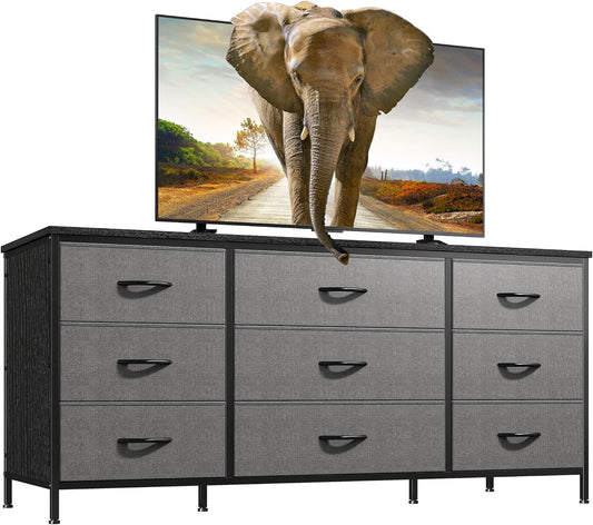 Dresser TV Stand with Drawers, Media Console Table for 60 '', TV Console with 9 Drawers for Bedroom, Entertainment Center with Sturdy Metal Frame & Wood Top, Living Room, Hallway, Grey-0