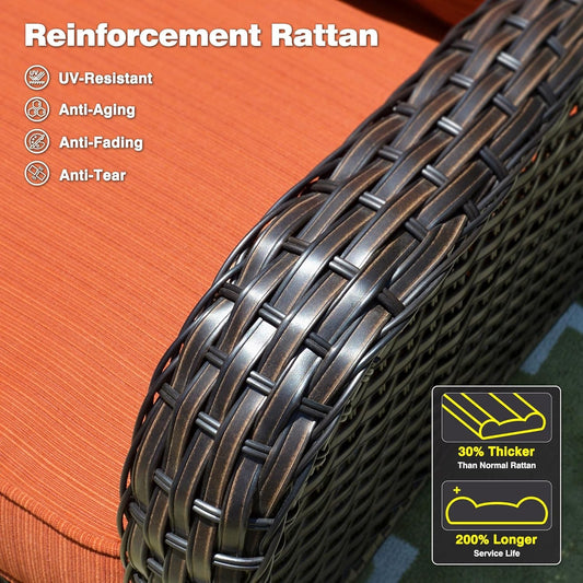 5 Pieces Patio Furniture Set, Outdoor Wicker Sofa Couch with Ottomans Comfy Cushions, All Weather High Back Conversation Set for Porch Deck, Brown Rattan, Orange Red-1