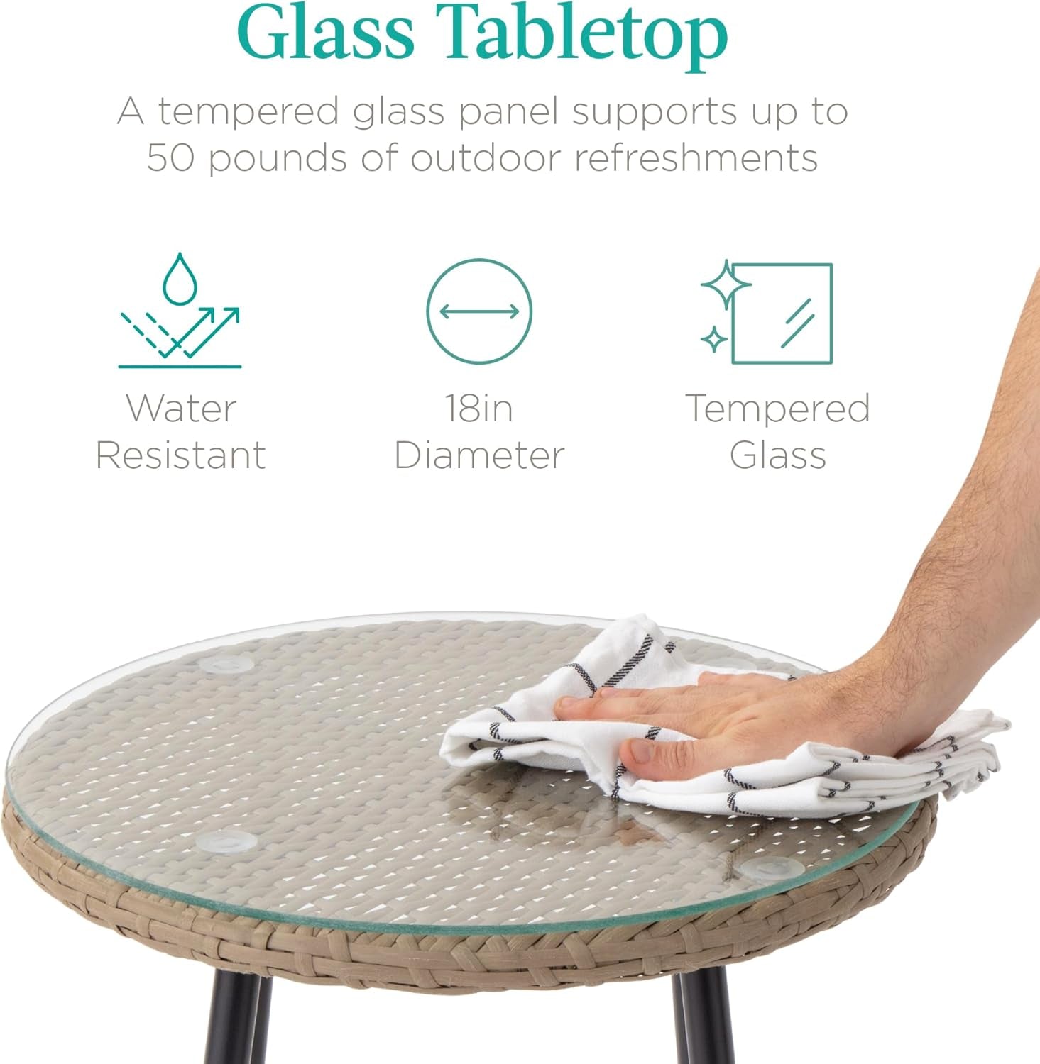 3-Piece Outdoor Wicker Bistro Set, Patio Dining Conversation Furniture for Backyard, Balcony, Porch W/Diamond Weave Design, Tempered Glass Side Table, 2 Chairs - Black-4