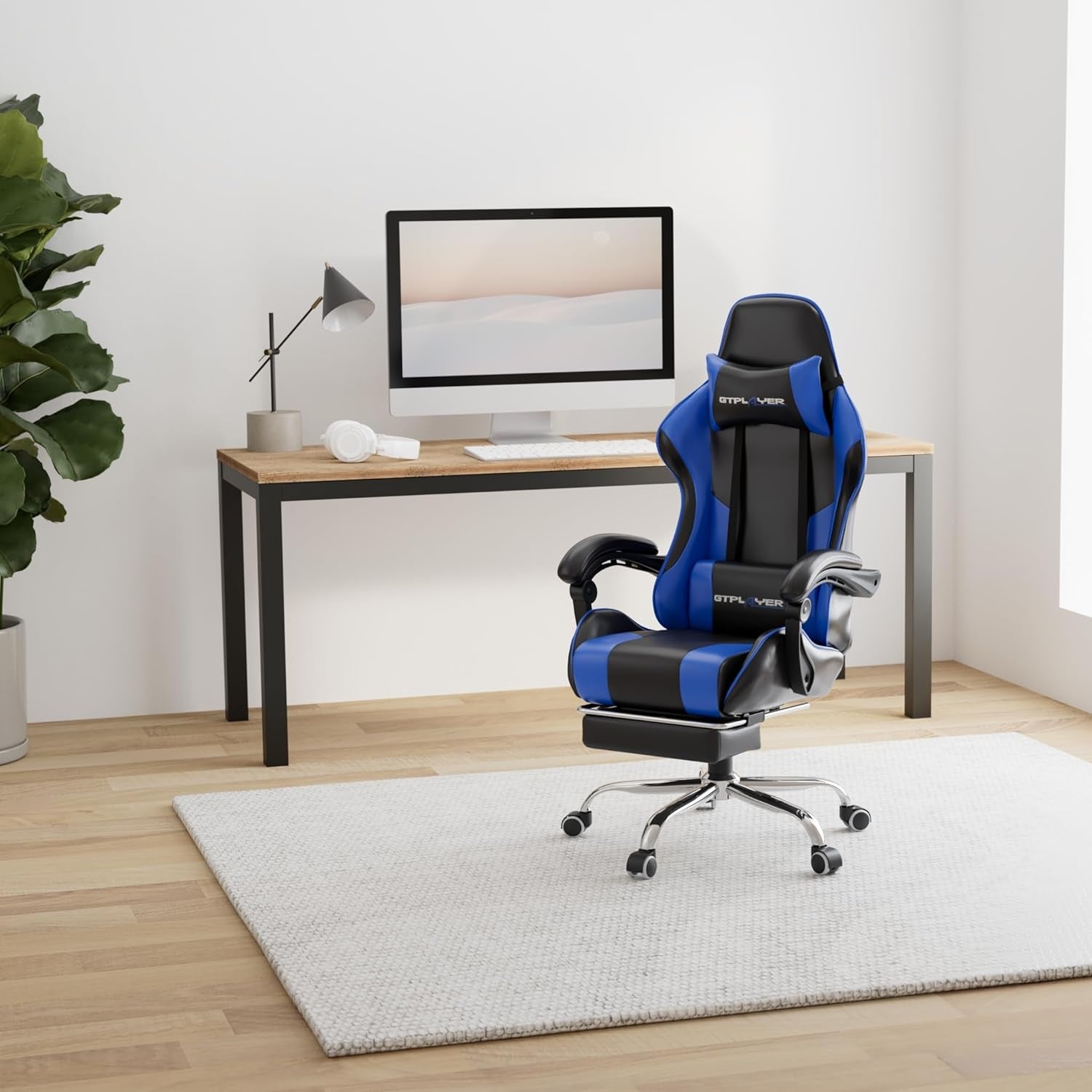 Gaming Chair, Computer Chair with Footrest and Lumbar Support, Height Adjustable Game Chair with 360°-Swivel Seat and Headrest and for Office or Gaming ((Blue)-1