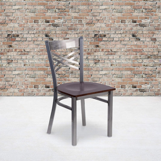 2 Pk. HERCULES Series Clear Coated ''X'' Back Metal Restaurant Chair - Walnut Wood Seat-0