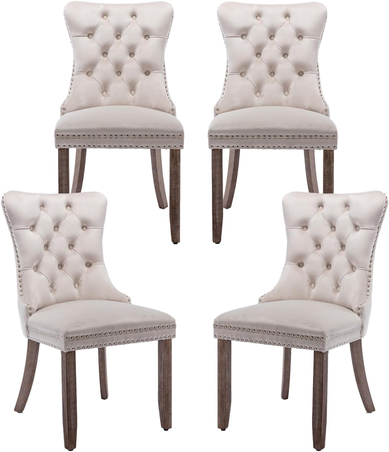 Velvet Dining Chairs Set of 4, Tufted Upholstered Dining Room Chairs with Back Ring Pull, Nailhead Trim and Solid Wood Legs, Modern Dining Chairs for Dining Room, Kitchen(Beige)-0