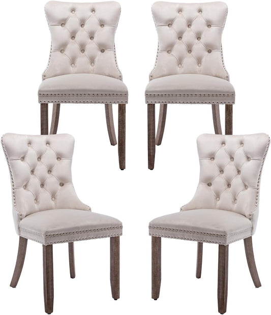 Velvet Dining Chairs Set of 4, Tufted Upholstered Dining Room Chairs with Back Ring Pull, Nailhead Trim and Solid Wood Legs, Modern Dining Chairs for Dining Room, Kitchen(Beige)-0