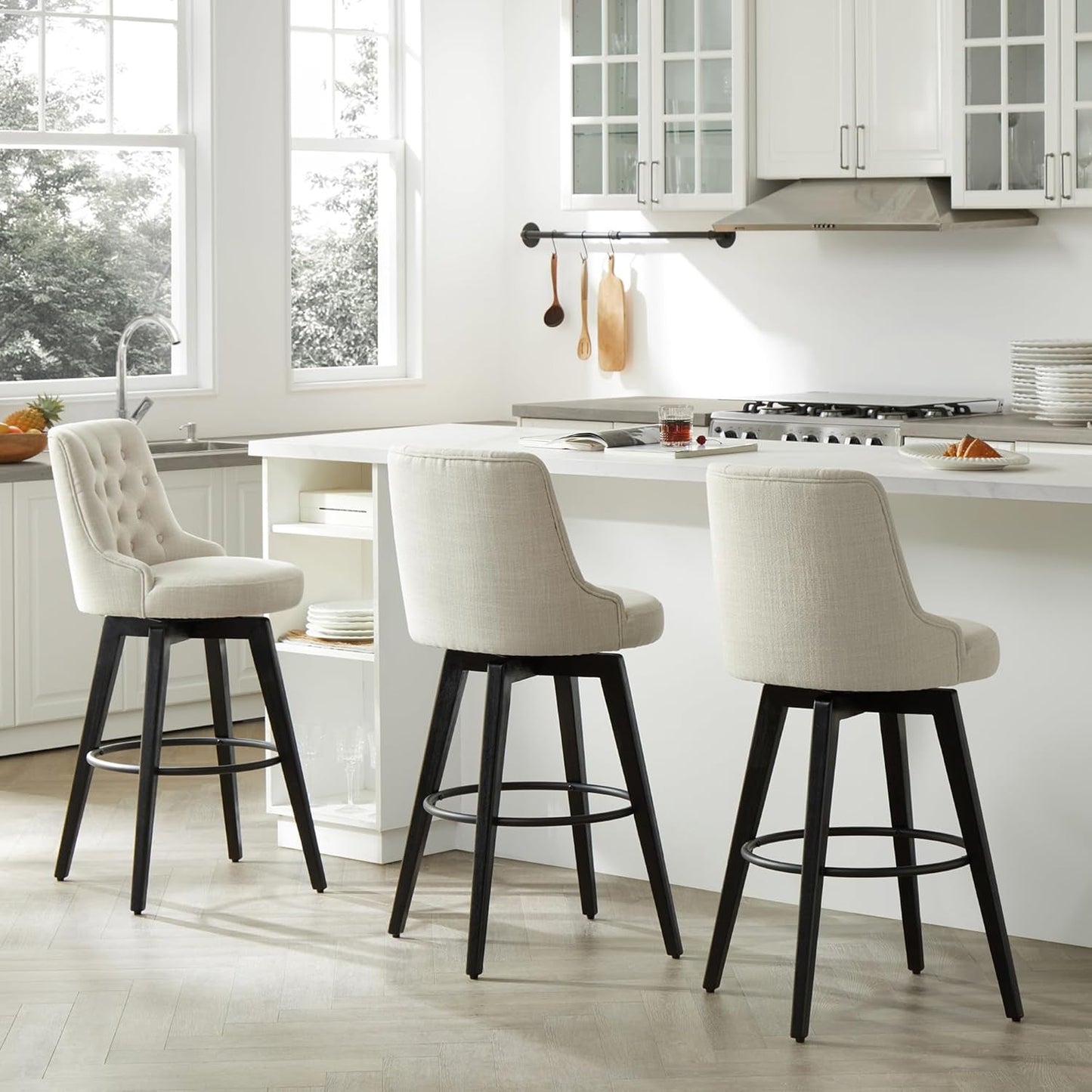 Bar Stools, 360° Swivel Upholstered Bar Stool with Back, 30" H Bar Height Barstools, Set of 2, Performance Fabric in Linen-4