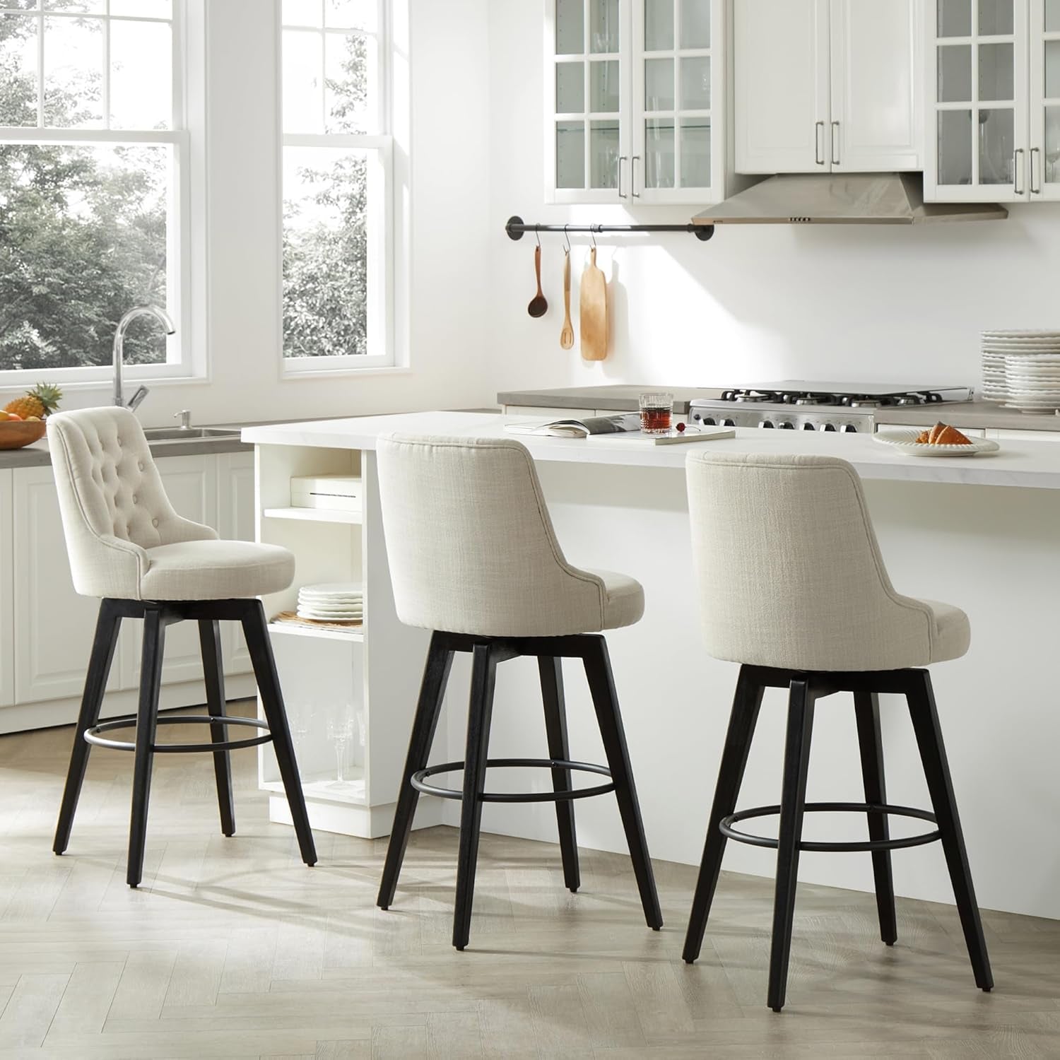 Bar Stools, 360° Swivel Upholstered Bar Stool with Back, 30" H Bar Height Barstools, Set of 2, Performance Fabric in Linen-4