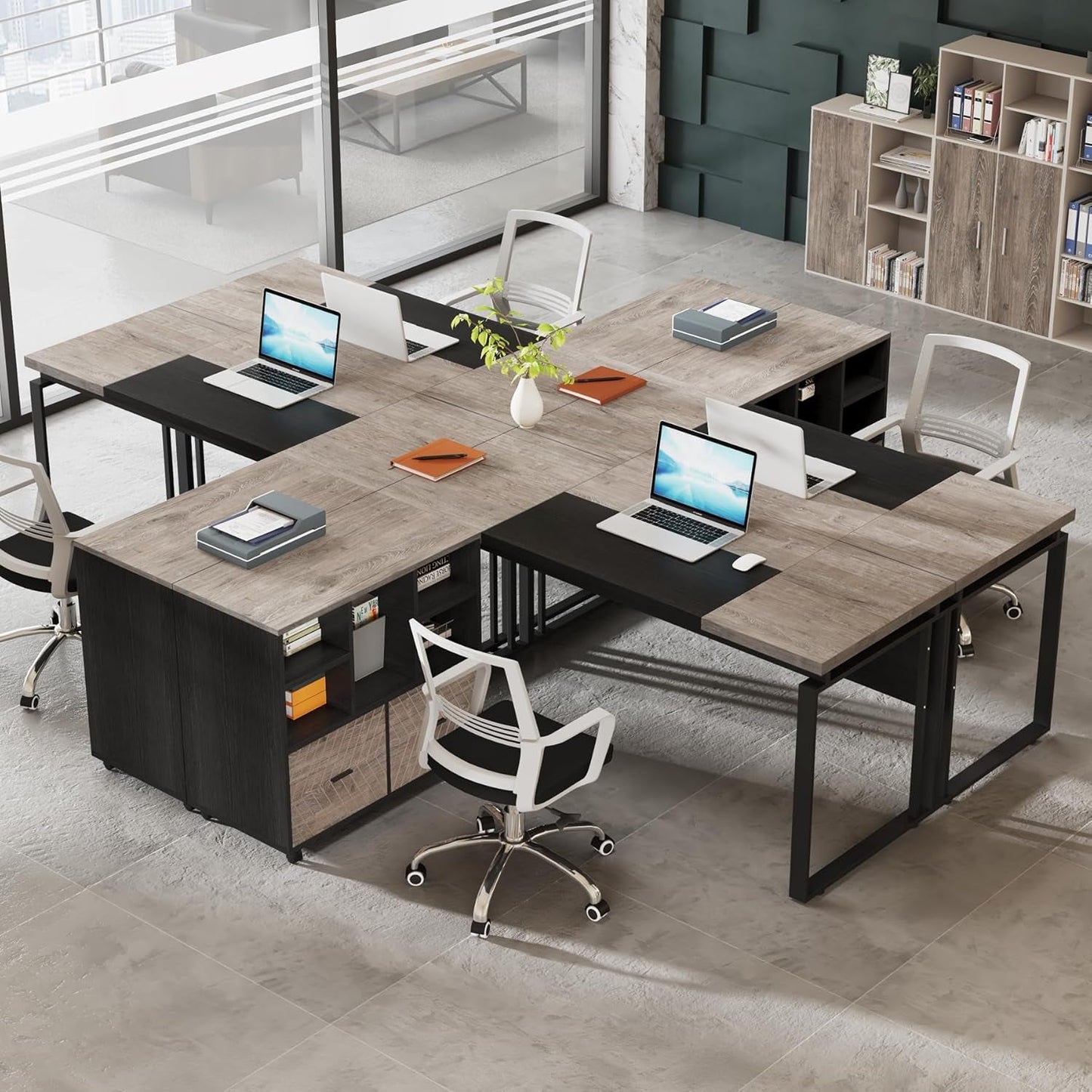 L-Shaped Executive Desk with Reversible File Cabinet, 63" Office Desk with Storage Drawers, L-Shaped Computer Desk with Drawer Cabinet for Hanging Letter Size Files (Gray & Black)-3