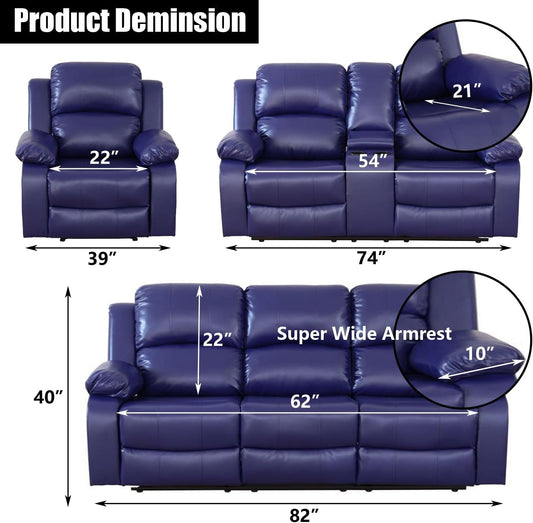 Blue Leather Reclining Sofa Set for Living Room Set,Recliner Sofa with Drop down Table/Double Recliner Loveseat with Storage Console/Recliner Chair/Faux Leather-1