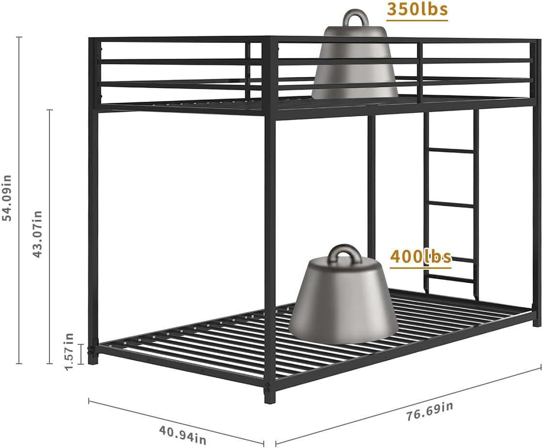 Twin over Twin Bunk Bed - Lifesky Metal Low Profile Bunkbed with Side Ladder Black-1