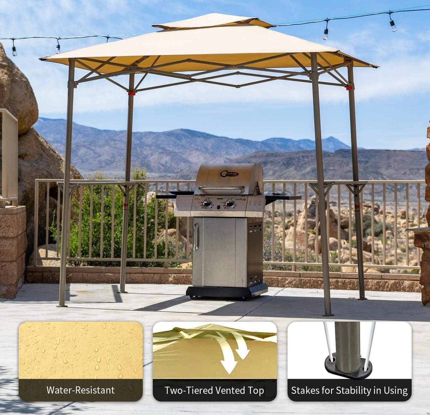 8X5 Grill Gazebo - Pop up Canopy for BBQ and Backyard Patio - Easy Outdoor Barbecue Shade Cover with Double Tier Vented Top & 2 Side Shelves (Beige)-3