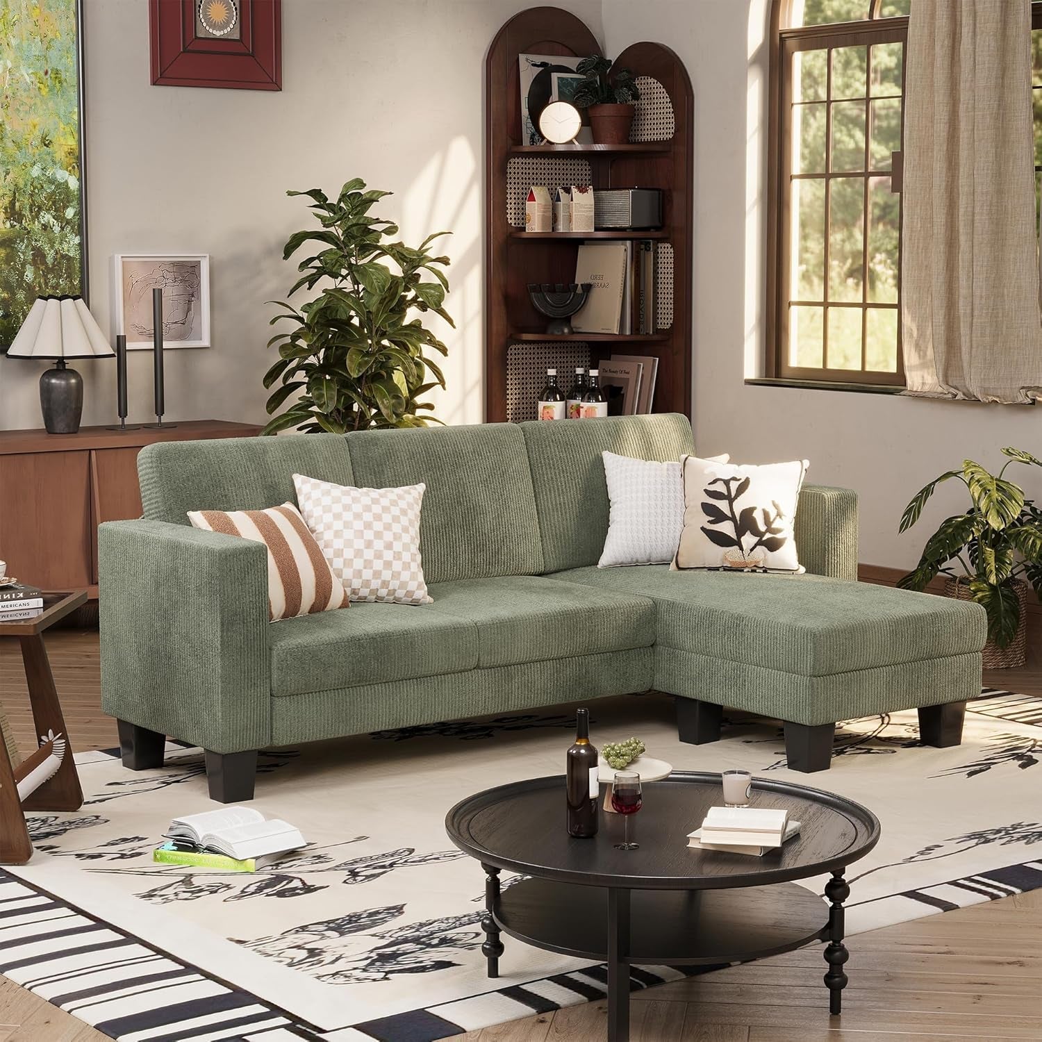 Green Corduroy Convertible L-Shape Sofa with Ottoman-0