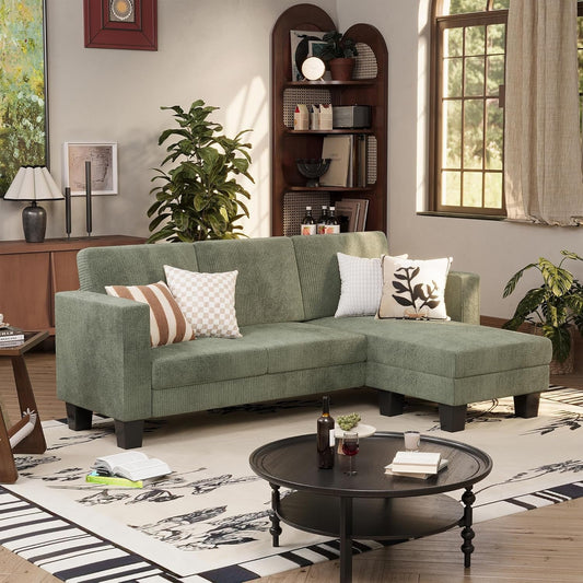 Green Corduroy Convertible L-Shape Sofa with Ottoman-0