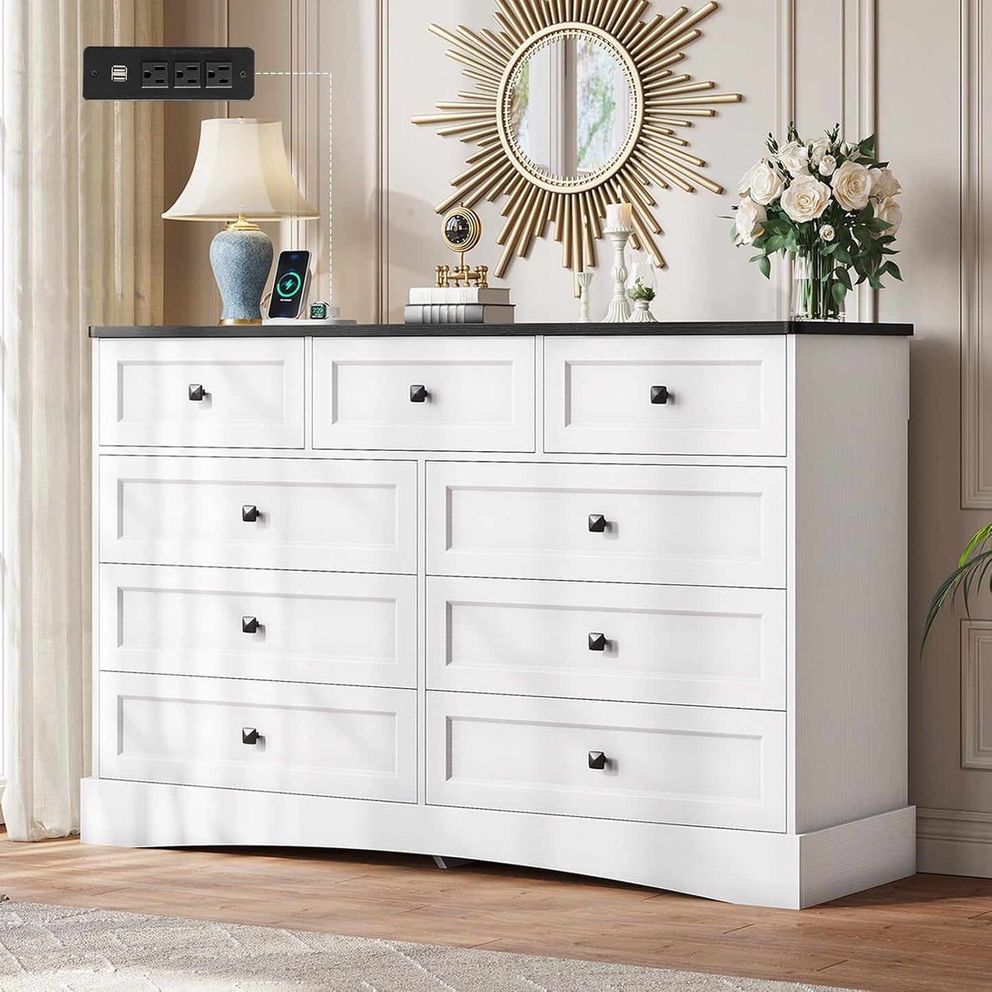 Dresser for Bedroom with 9 Drawers, 51.2" Large Dresser with Charging Station, Wide Farmhouse Dresser Chest of Drawers, Wooden Storage Tower Organizer, Dresser for Bedroom Closet, White/Black-0