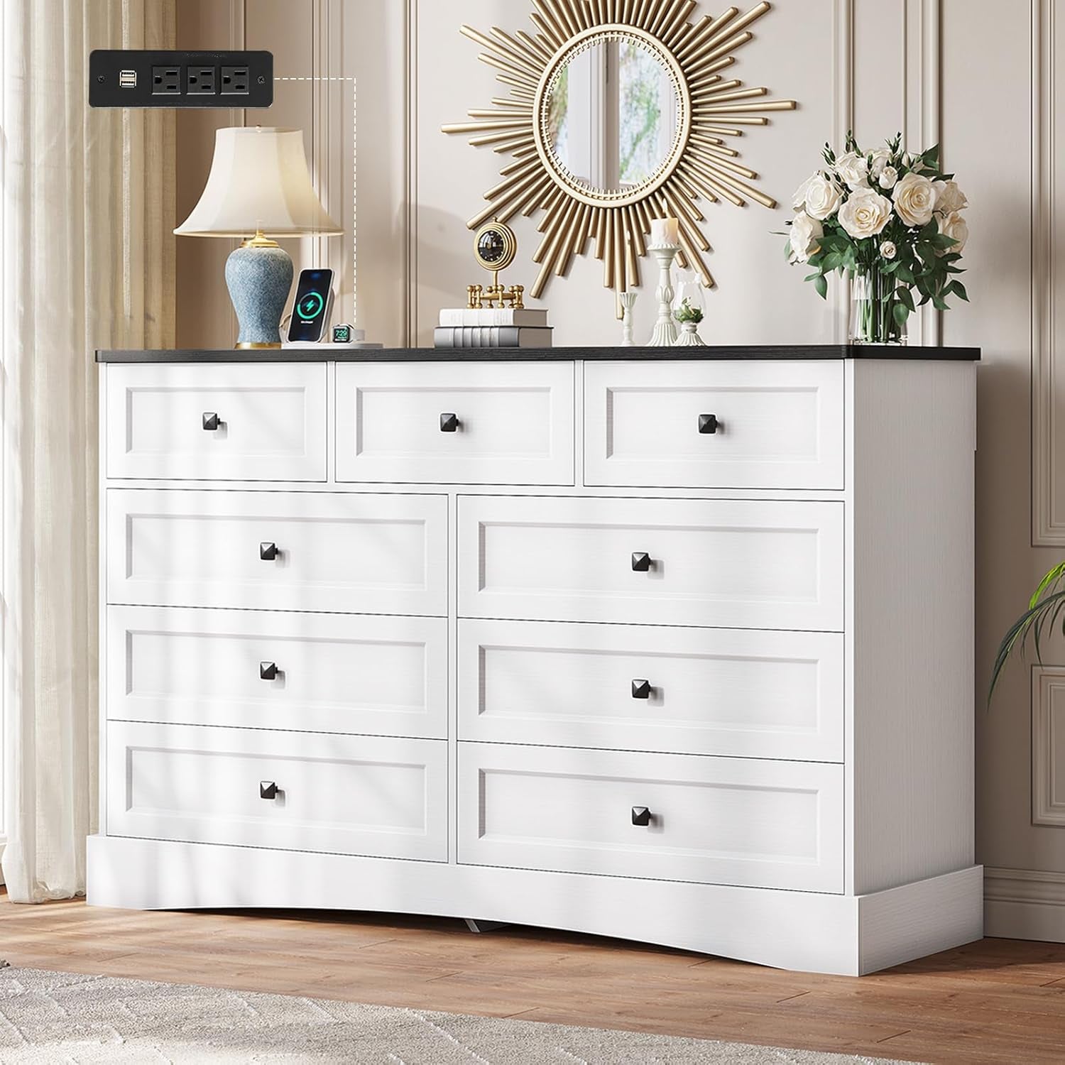 Dresser for Bedroom with 9 Drawers, 51.2" Large Dresser with Charging Station, Wide Farmhouse Dresser Chest of Drawers, Wooden Storage Tower Organizer, Dresser for Bedroom Closet, White/Black-0