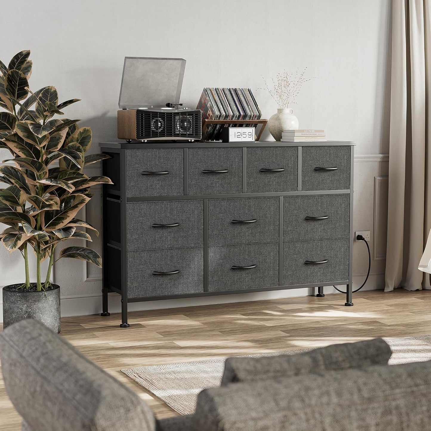 Dresser for Bedroom 10 Drawer Bedroom TV Stand with Power Outlet, Entertainment Center Chest of Drawers, Long Fabric Dresser for Living Room save Space Grey-4