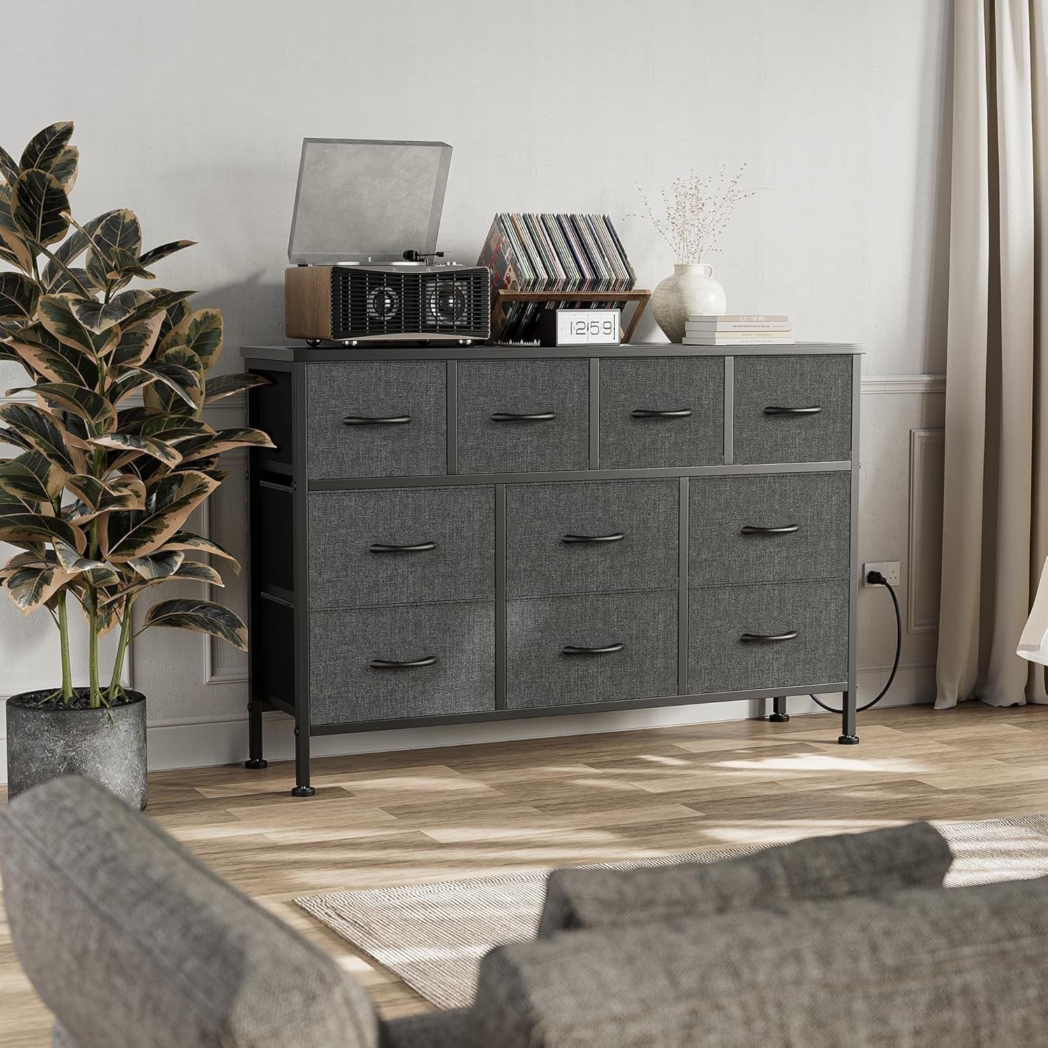 Dresser for Bedroom 10 Drawer Bedroom TV Stand with Power Outlet, Entertainment Center Chest of Drawers, Long Fabric Dresser for Living Room save Space Grey-4