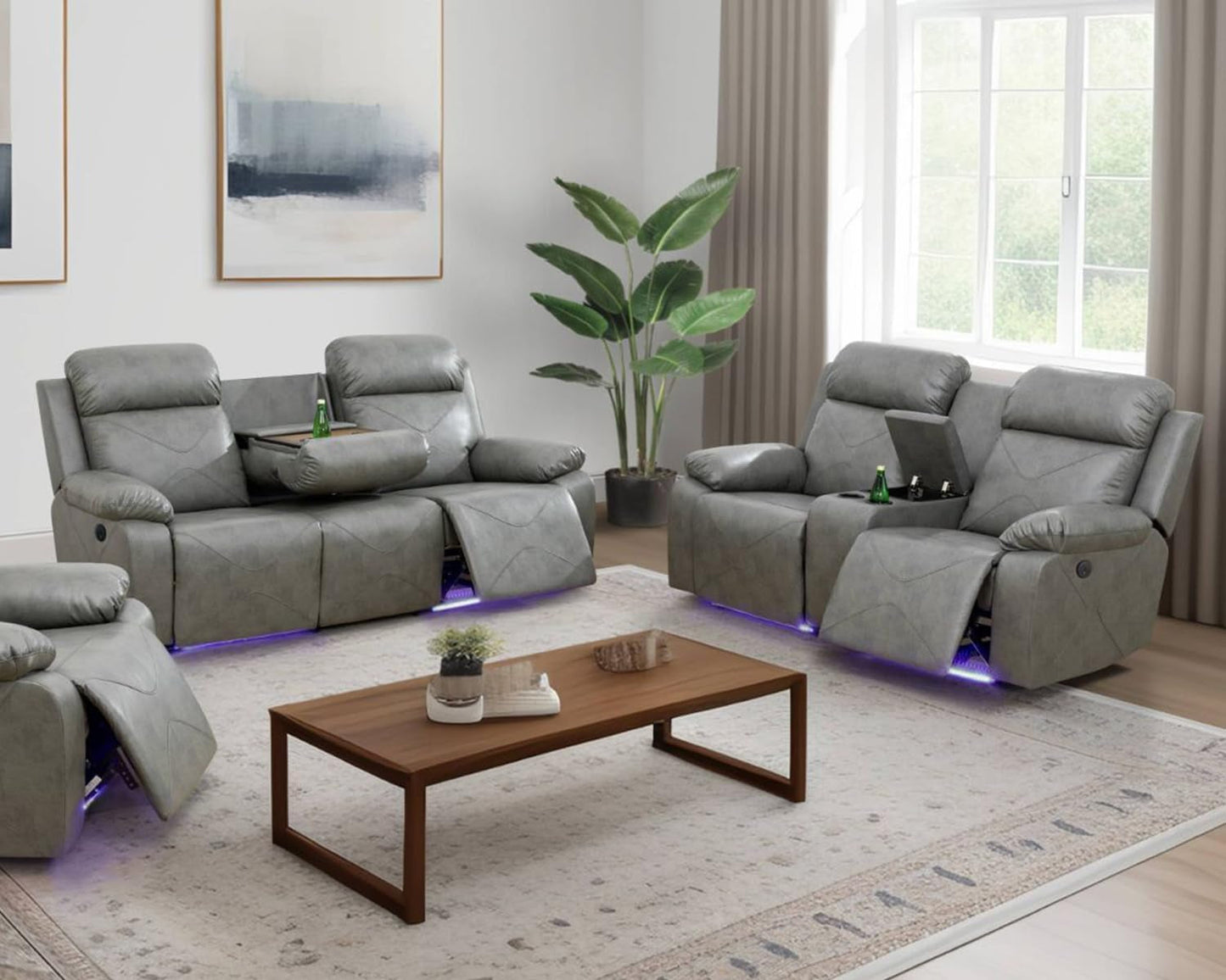 Power Recliner Sofa Set with LED Lights,Leather Living Room Furniture Set with USB Port/Storage Console/Cup Holders,Reclining Sofa Set for House/Home Theater(2 Pieces，Grey)-0