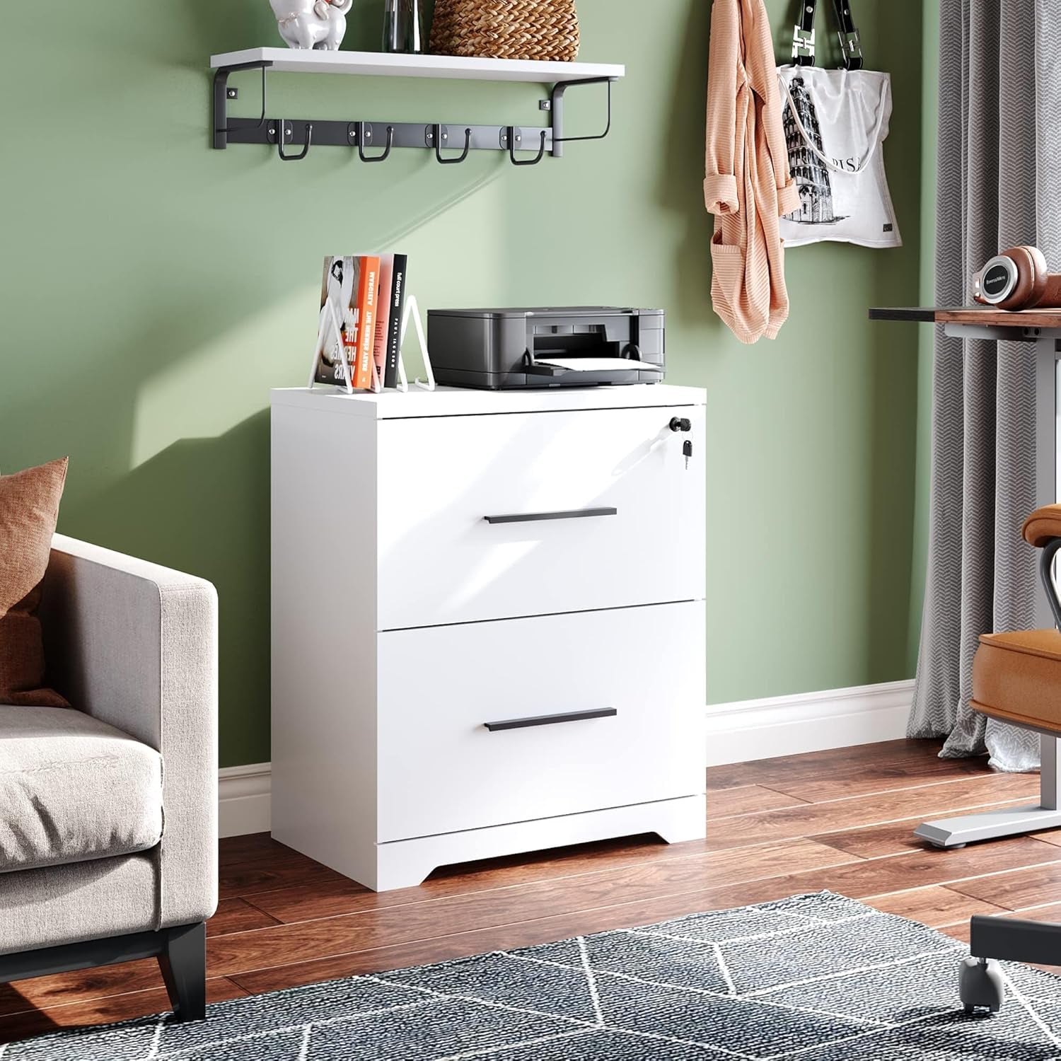 2-Drawer Wood Lateral File Cabinet with Lock for Office Home, White-1