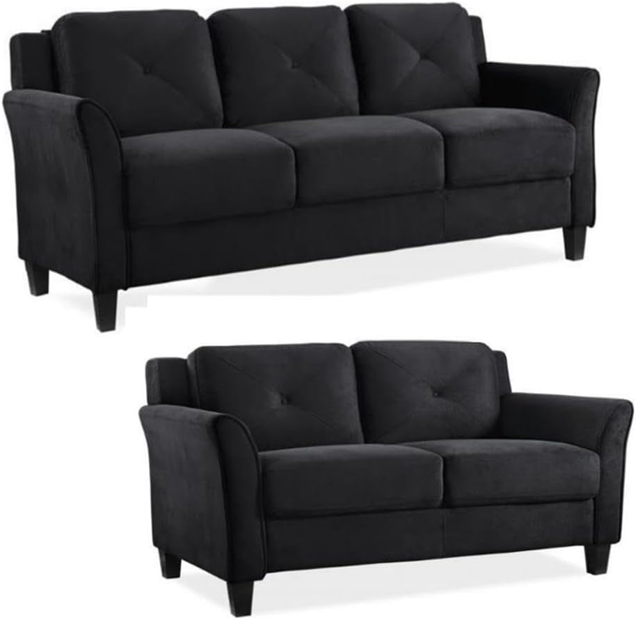 2-Piece Polyester Microfiber Fabric Upholstered Sofa Set with 78" W Sofa & 56" W Loveseat, Curved Arms, Sturdy Wood Frame & Legs, Tufted Back Cushions, in Black Finish-0
