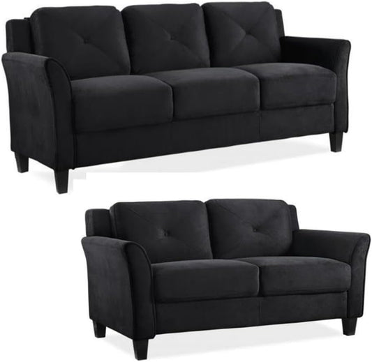 2-Piece Polyester Microfiber Fabric Upholstered Sofa Set with 78" W Sofa & 56" W Loveseat, Curved Arms, Sturdy Wood Frame & Legs, Tufted Back Cushions, in Black Finish-0