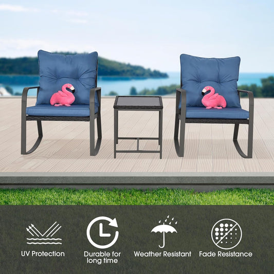 3 Pieces Patio Bistro Set Outdoor Rocking Chair W Cushion for Yard Garden Poolside (Blue)-1