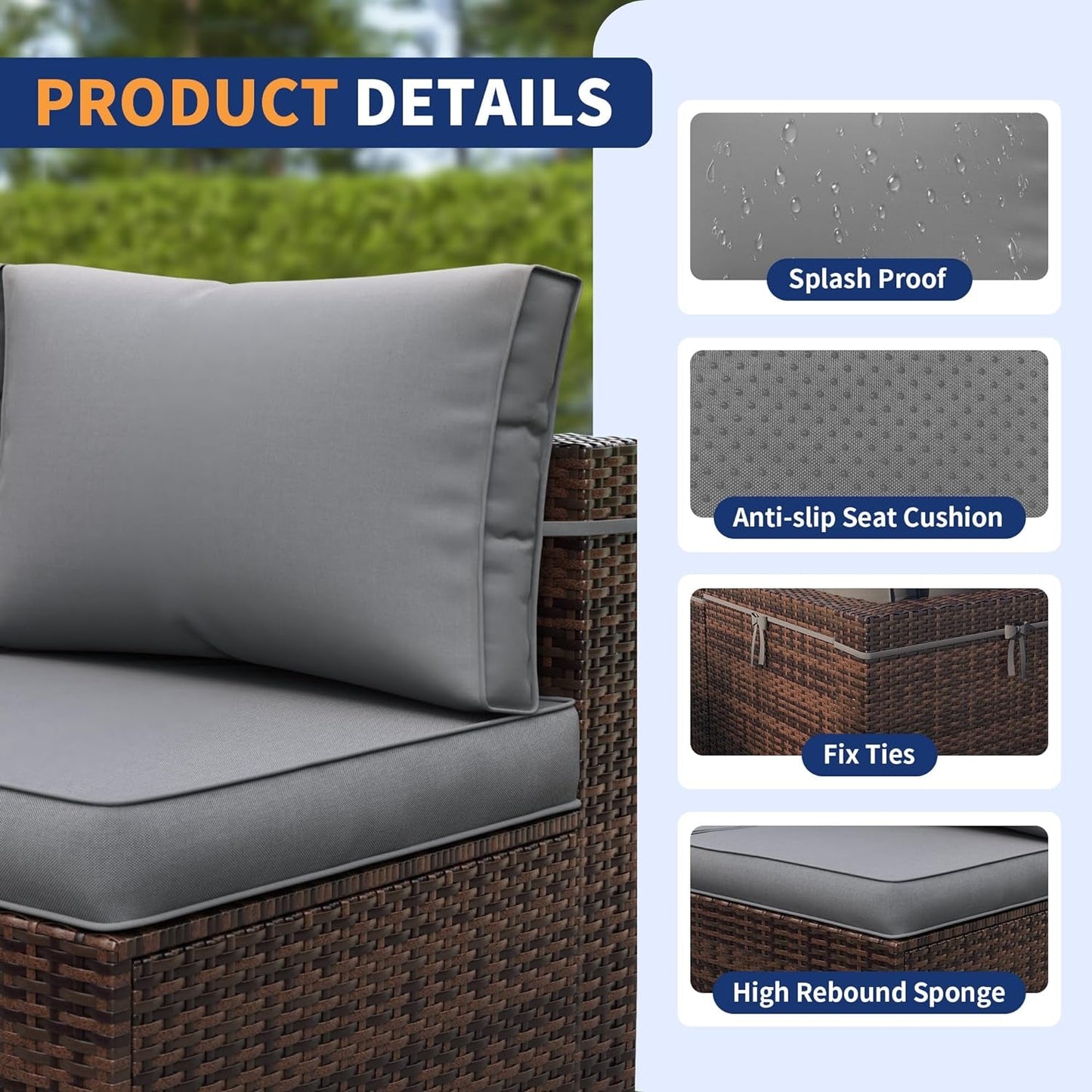 Patio Furniture Set, 7-Piece Outdoor Sectional with Waterproof Cover, All-Weather Wicker Patio Conversation Sets for Backyard (Brown with Grey Cushion)-2