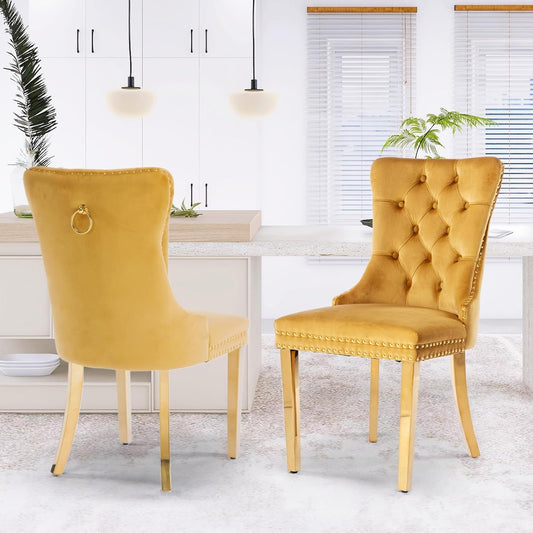 Velvet Dining Chair Set of 2, Upholstered Tufted Dining Room Chair with Nailhead Trim and Stainless Steel Gold Plated Leg for Kitchen, Gold-0