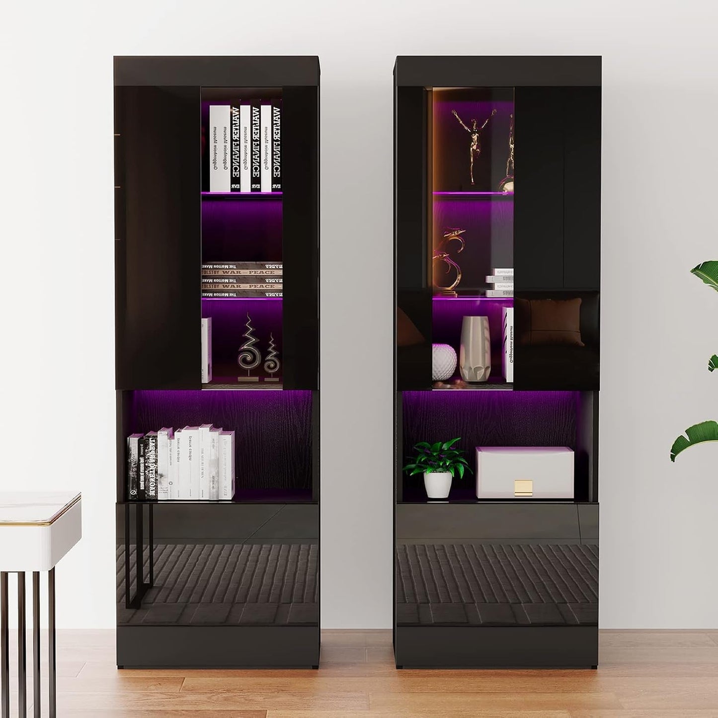 2 Piece 71In Tall Bookcase Storage Cabinet with Glass Doors, Modern High Gloss LED Bookshelf Display with 5 Tiers for Storage & Adjustable Glass Shelves for Living Room, Office, Black-2