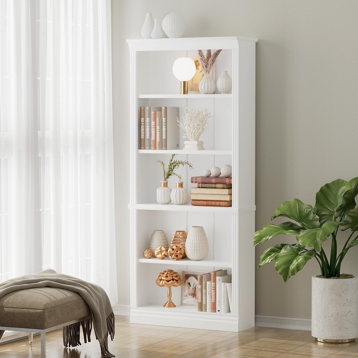 5-Shelf Bookcase, Wooden Standing Rack Book Storage Shelves Furniture Selection for Living Room, Bedroom, Home Office (White)-3