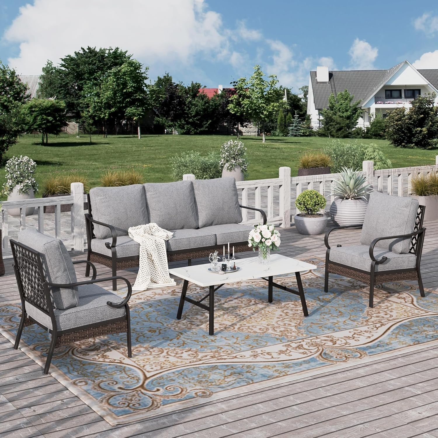 4 Piece Patio Furniture Set, 2 X Cushioned Metal Chair, 1 X 3-Seat Sofa with Coffee Table, All Cushioned 5 Seats Patio Conversation Set for Lawn Garden Backyard Deck, Grey-0