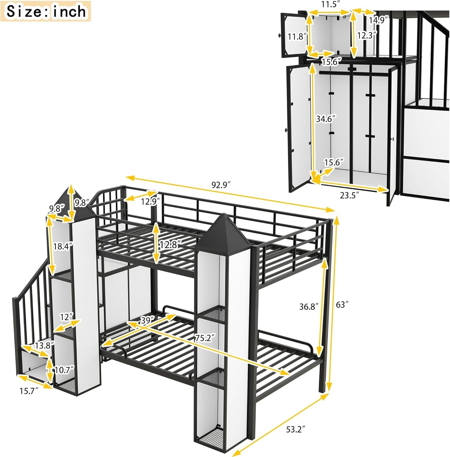 Twin over Twin Metal Bunk Bed with Stairs and Storage Wardrobe, Castle-Shaped Bunk Bed Heavy-Duty Steel Frame, Noise Free,For Kids Teens Adults, Black+White-1