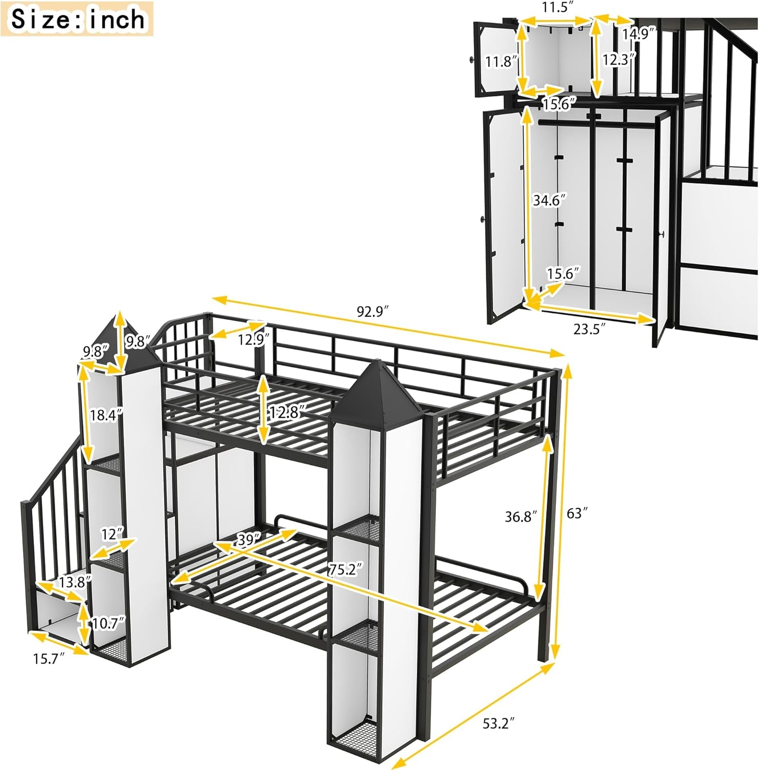 Twin over Twin Metal Bunk Bed with Stairs and Storage Wardrobe, Castle-Shaped Bunk Bed Heavy-Duty Steel Frame, Noise Free,For Kids Teens Adults, Black+White-1
