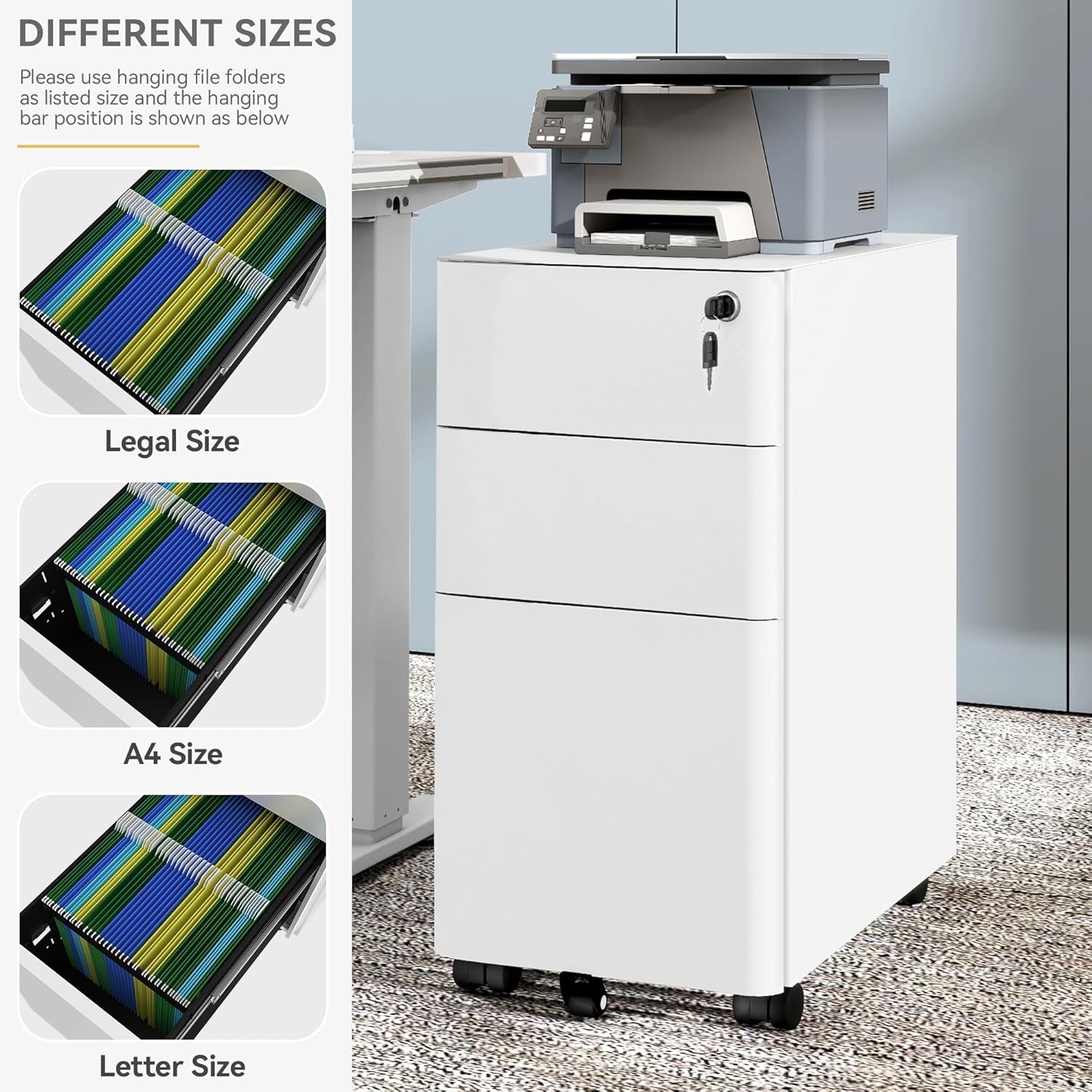 3-Drawer Vertical File Cabinet, Mobile Filing Cabinet with Lockable, Pre-Assembled Compact Slim File Cabinet, Portable Office Storage for A4/Letter/Legal Documents (White)-4