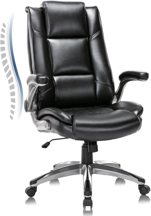Leather Executive Office Chair - High Back Home Computer Desk Chair with Padded Flip-Up Arms, Adjustable Tilt Lock, Swivel Rolling Ergonomic Chair for Adult Working Study, Black-0