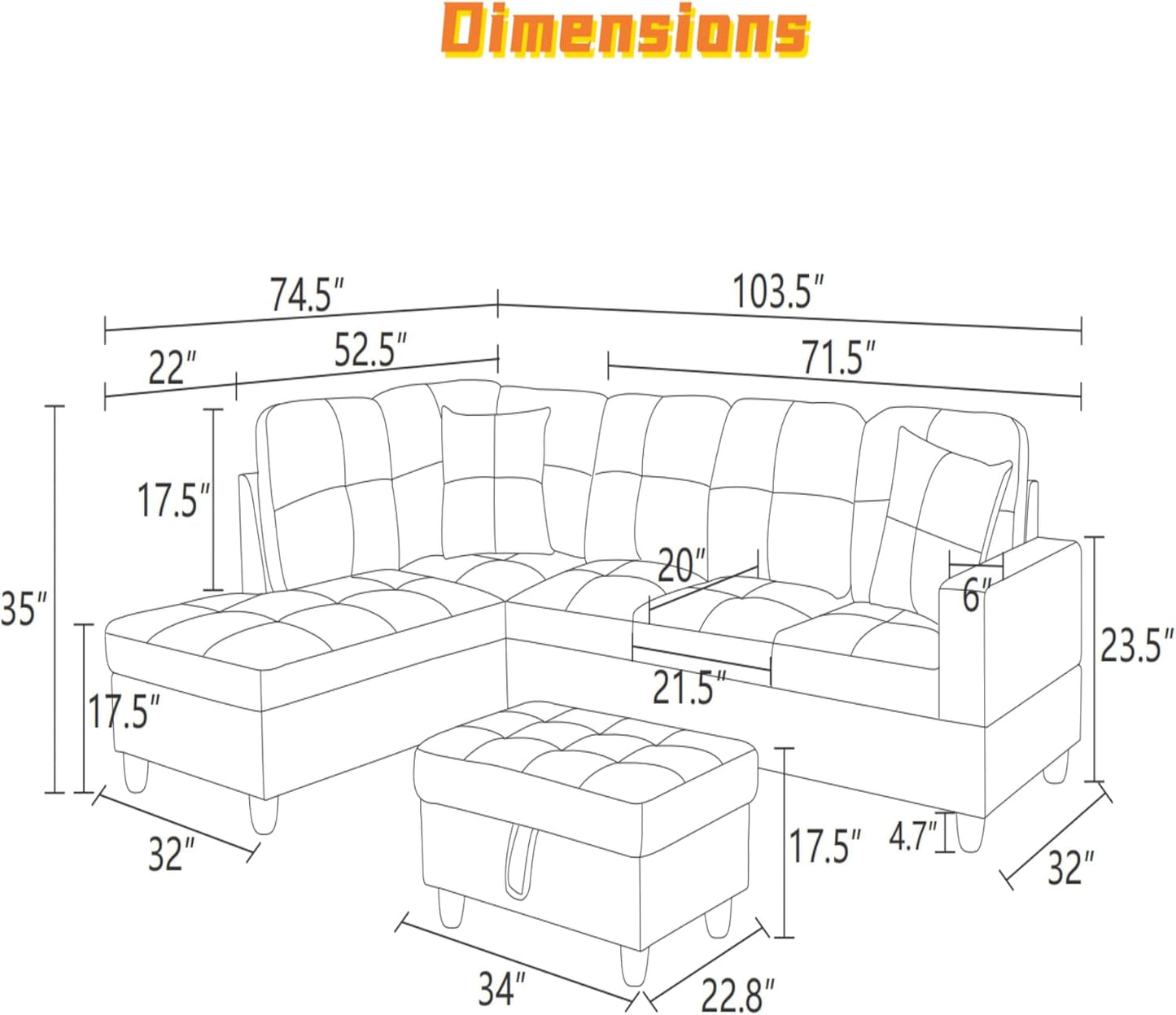 L Shaped Sectional Couch with Otttoman, 103" Sectional Sofa for Living Room Flannel Modular Couches with Cup Holders for Bedroom, Apartments, Beige &Brown-1