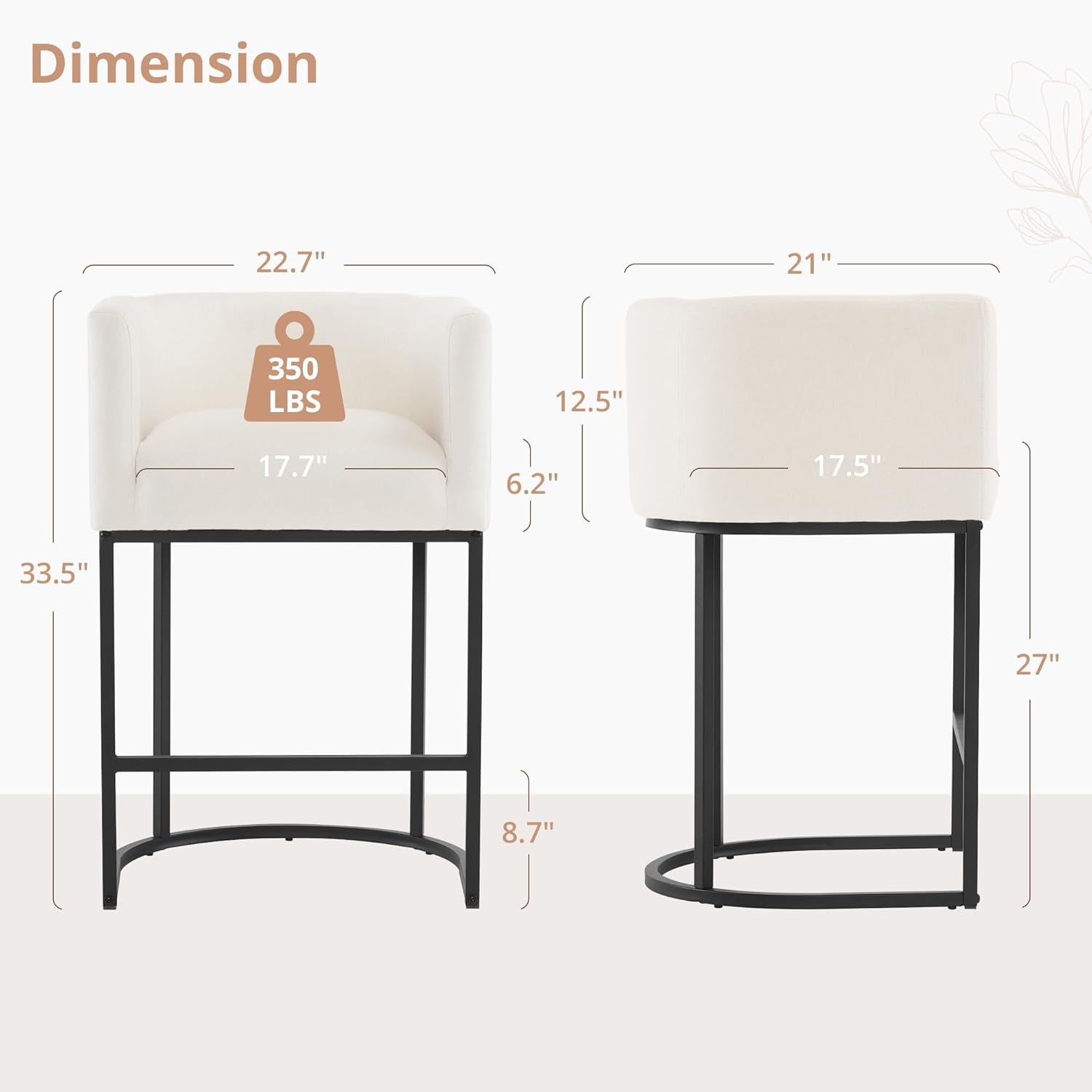 27" H Counter Height Bar Stools Set of 2, Modern Barrel Counter Stools with Backrest and Arms, Black Metal Frames, Linen Fabric Upholstered Accent Barstools for Kitchen Island, Beige-1