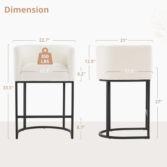 27" H Counter Height Bar Stools Set of 2, Modern Barrel Counter Stools with Backrest and Arms, Black Metal Frames, Linen Fabric Upholstered Accent Barstools for Kitchen Island, Beige-1