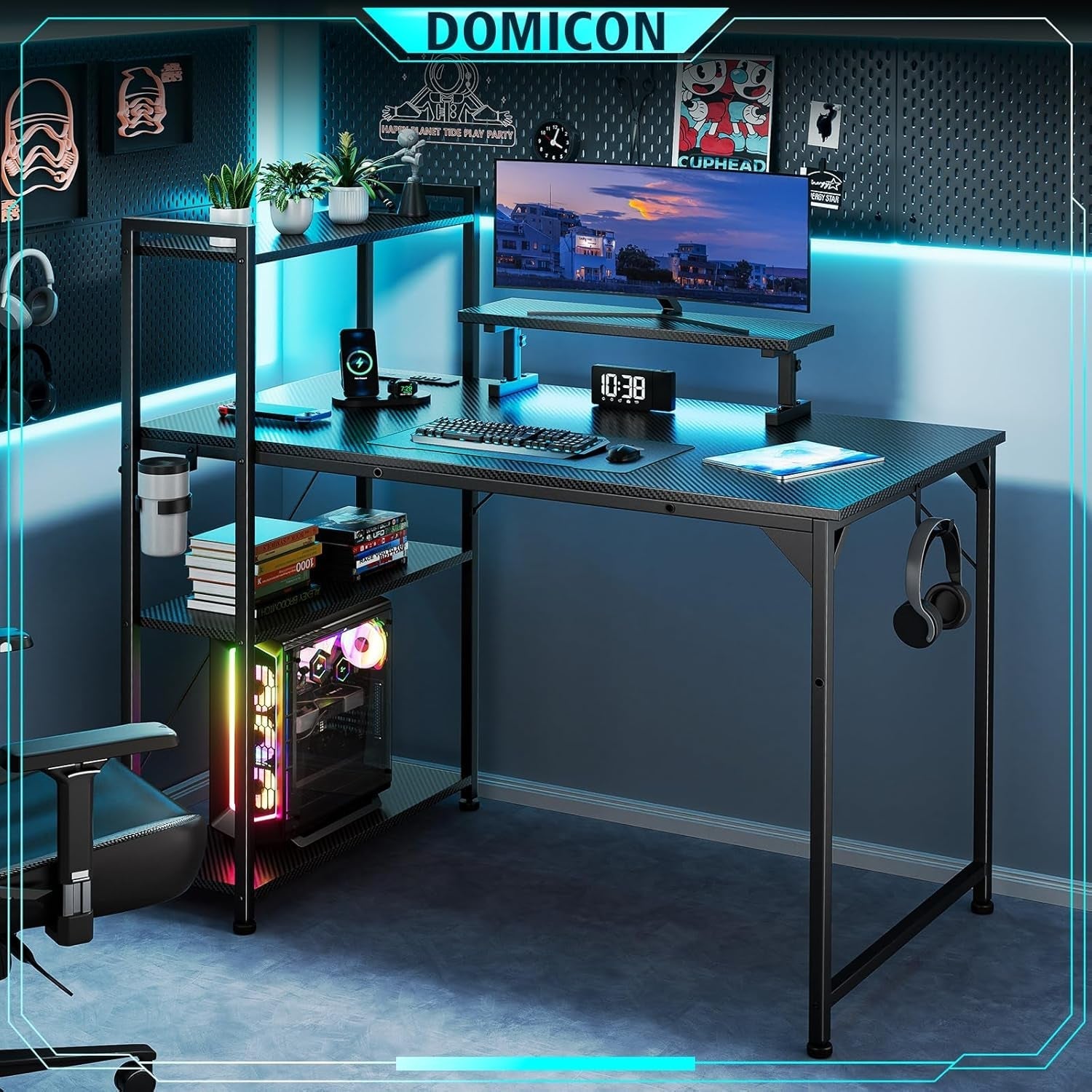 OMICON Computer Desk with LED Light, 42-55 Inch Gaming Desk with Reversible Storage Shelves, Office Desk with Power Outlets Corner Desk for Home Office, Small Space Desk Black Carbon Fiber (42)-2