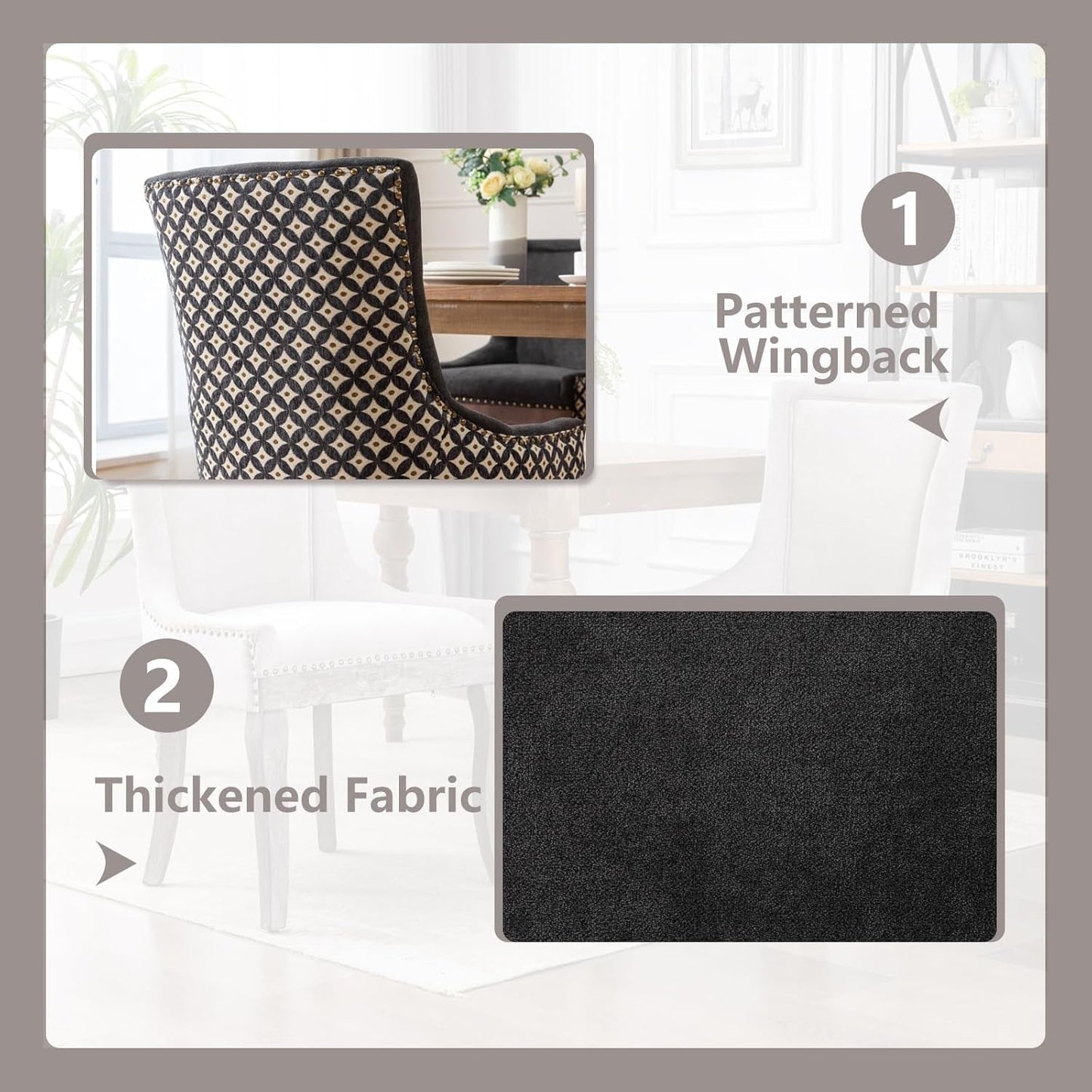 Modern Dining Chairs Set of 2, High Back Dining Chairs Side Chairs with Solid Wood Legs, Upholstered Fabric Dining Room Chairs for Dining Room Kitchen, Black and Patterned-4