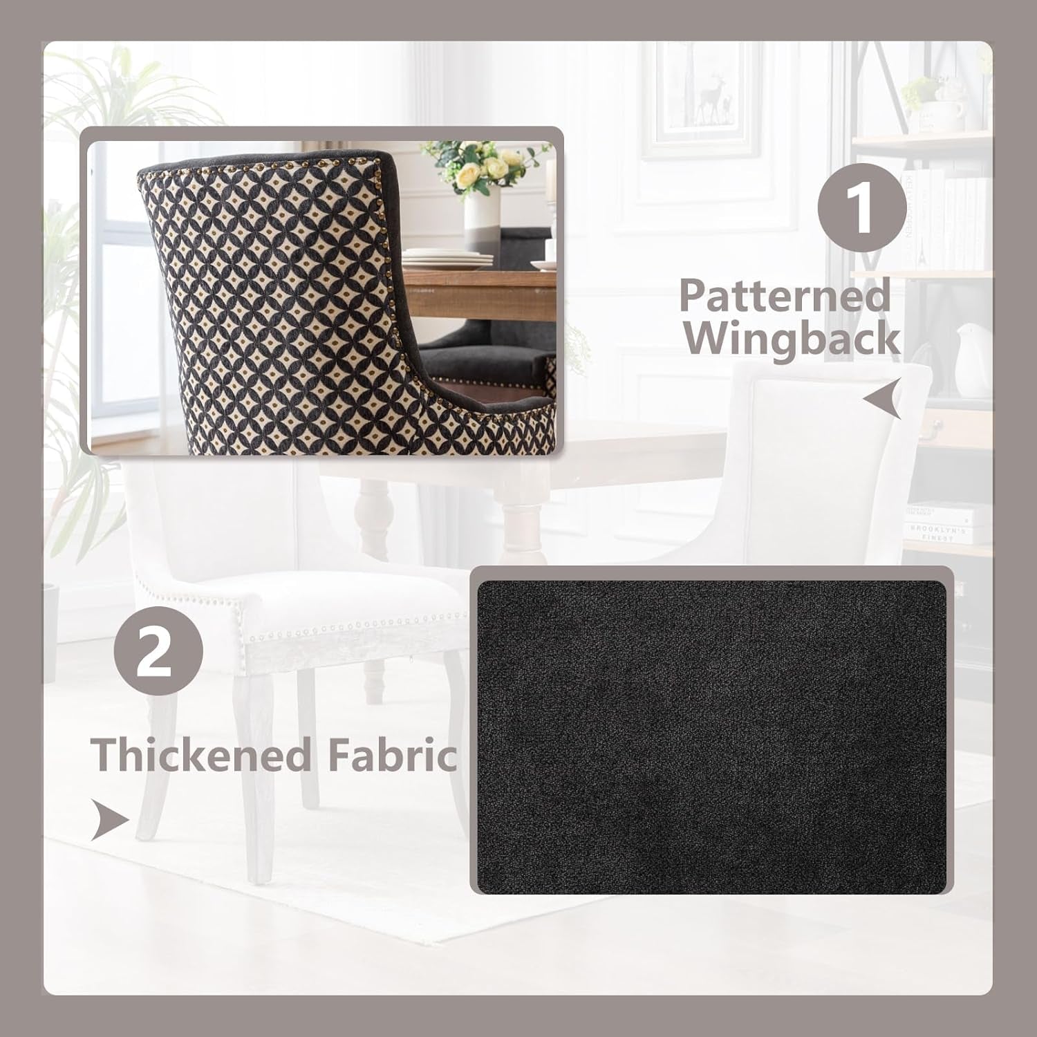 Modern Dining Chairs Set of 2, High Back Dining Chairs Side Chairs with Solid Wood Legs, Upholstered Fabric Dining Room Chairs for Dining Room Kitchen, Black and Patterned-4